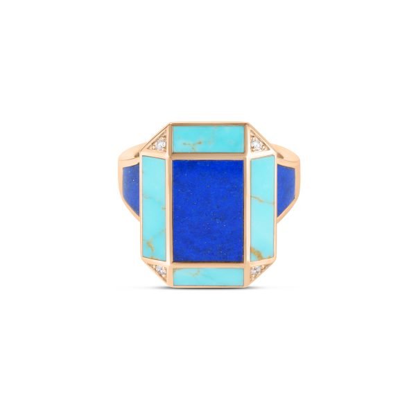 Art Deco Stabilized Turquoise Lapis and 0.03ct Diamond Ring in 18K Rose Gold, size 7