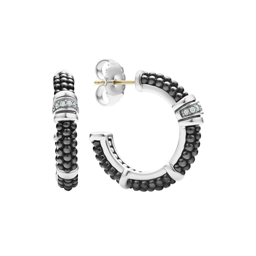 Diamond Black Caviar Hoop Earrings in Sterling Silver and Black Ceramic, 23mm