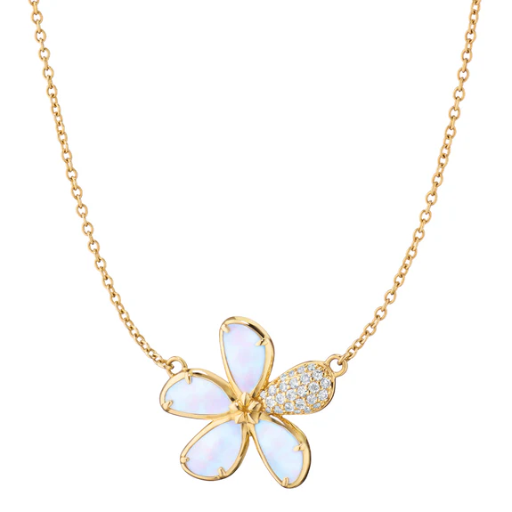 0.19ct Diamond and Mother of Pearl Flower Necklace in 18K Yellow, 18" chain