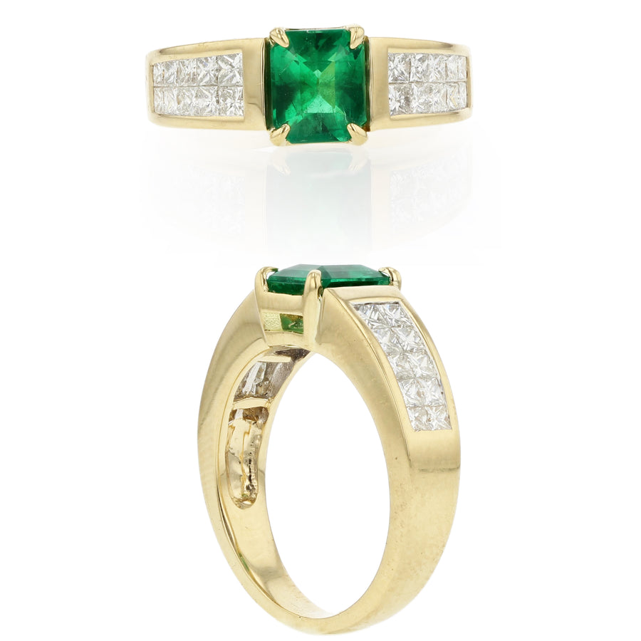 18K Yellow Gold Emerald Cut 1.20ct Emerald and 1.00ct Princess Diamond Ring, size 7.5