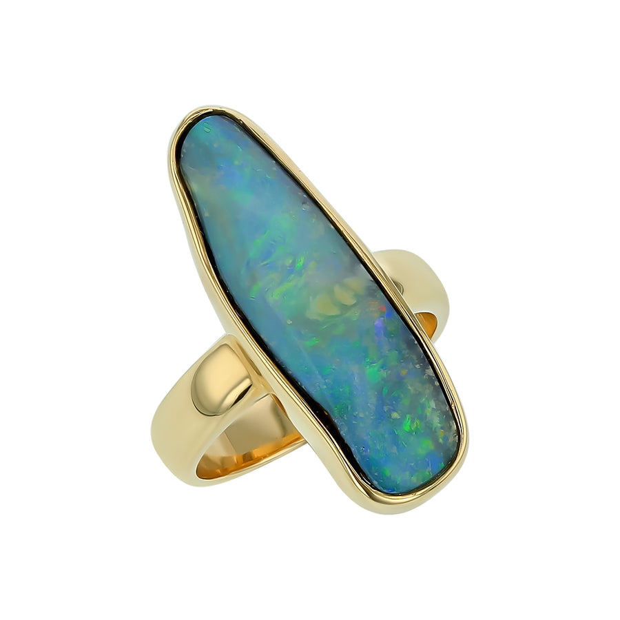 Australian Boulder Opal Elongated Ring in 14K Yellow Gold, size 7