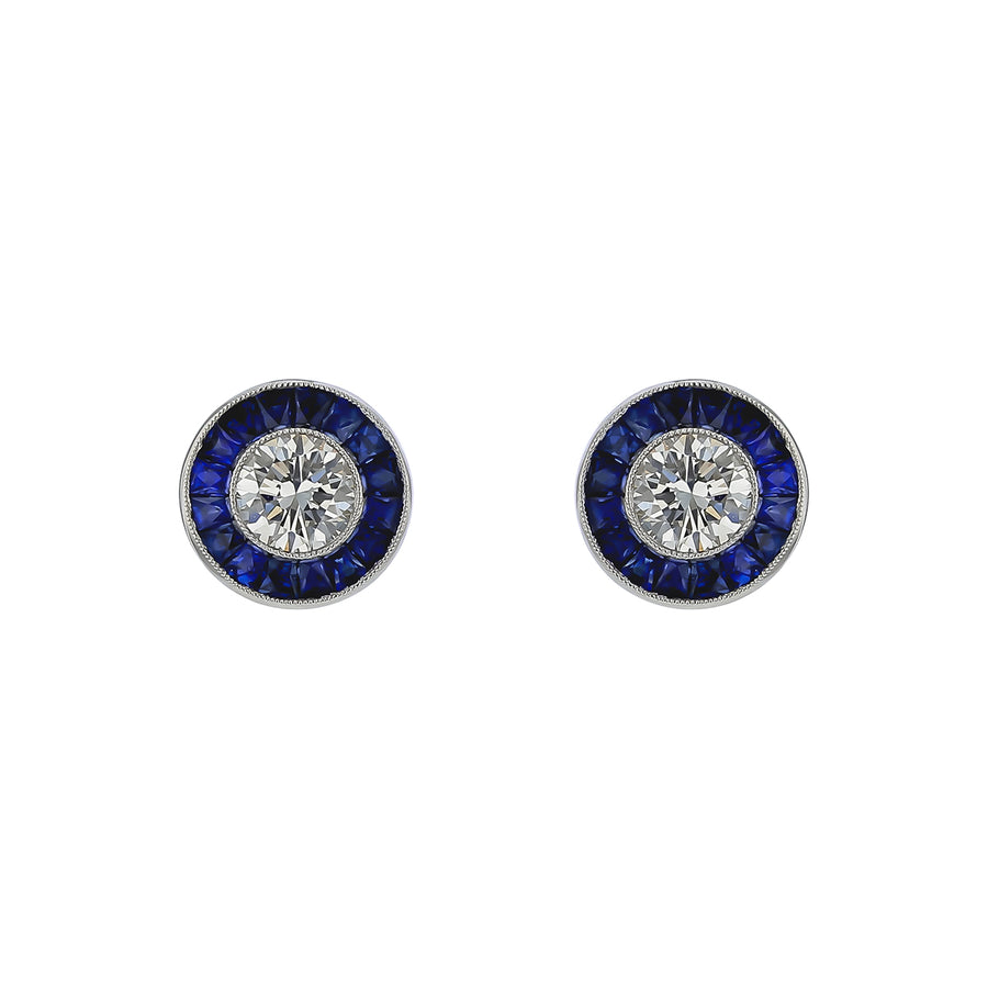 1.27ct Diamond and 1.30ct Sapphire Halo Stud Earrings in Platinum