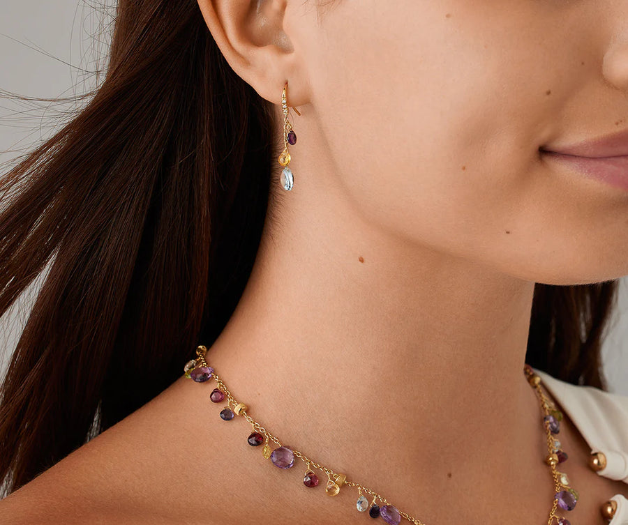 Paradise Diamond, Blue Topaz and Mixed Gemstone Drop Earrings in 18K Yellow Gold