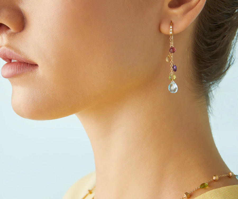 Paradise Diamond and Mixed Gemstones Dangle Earrings in 18K Yellow Gold
