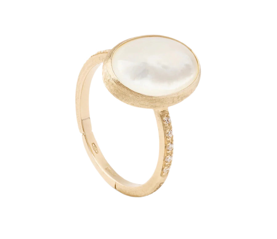 Siviglia Diamond and Mother of Pearl Hand Engraved Ring in 18K Yellow Gold, Size 7