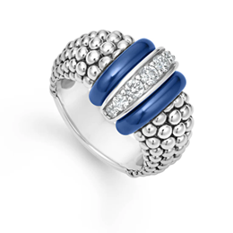 STERLING SILVER DIAMOND AND BLUE MARINE CERAMIC CAVIAR RING SIZE 6