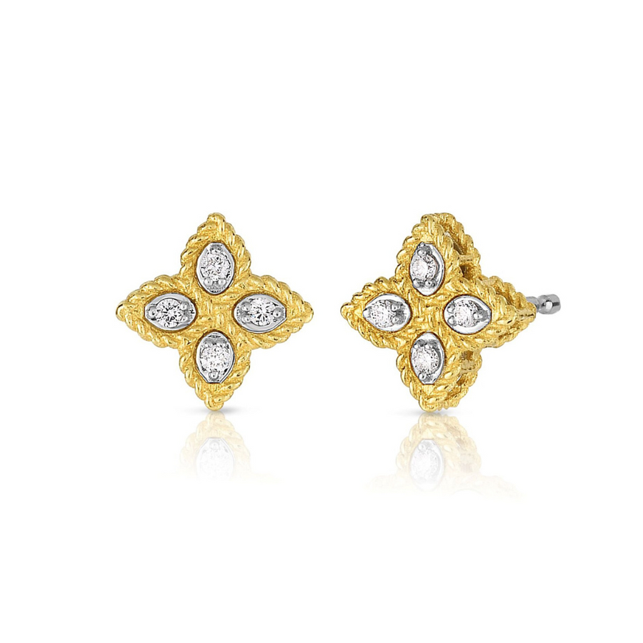 Venetian Princess Flower 0.10ct Diamond Stud Earrings in 18K Yellow and White Gold