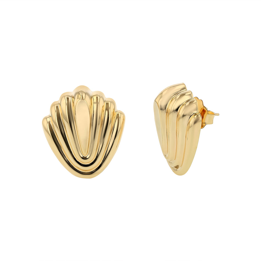 Ribbed Shell-Motif Peirced Earrings in 14K Yellow Gold