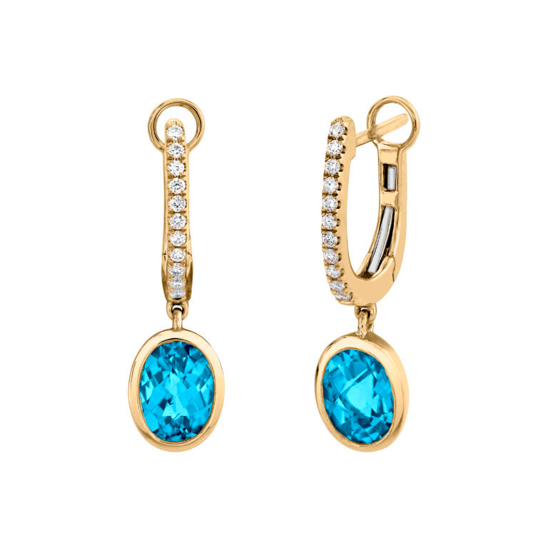 1.82ct Oval Blue Topaz and 0.11ct Diamond Drop Earrings in 14K Yellow Gold