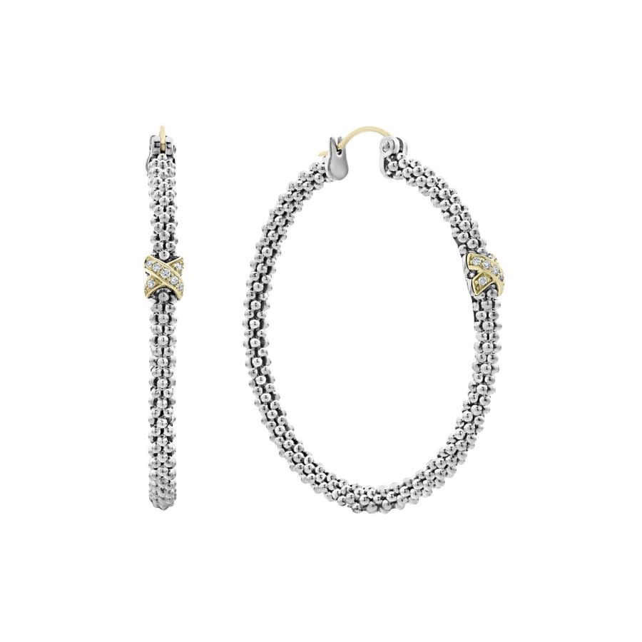 Diamond Skinny Caviar Lux Hoop Earrings in Sterling Silver and 18K Yellow Gold
