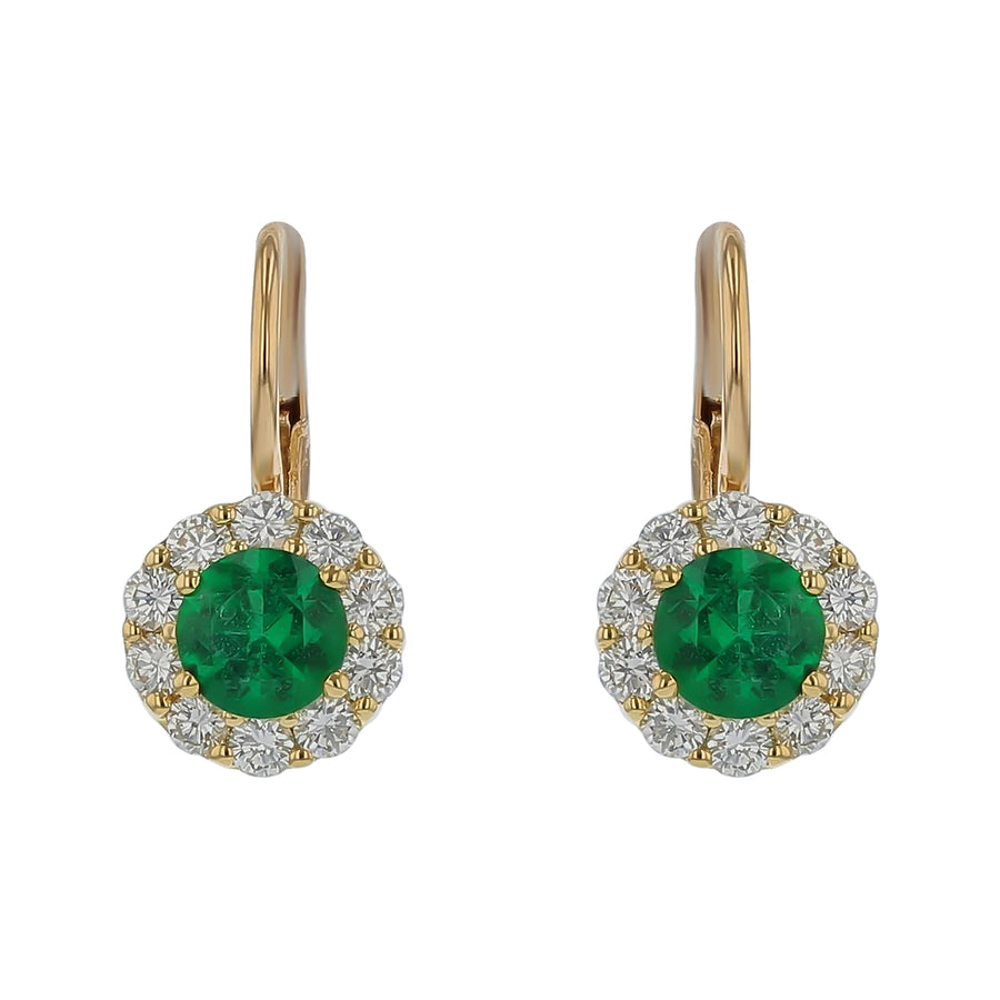 Emerald and Diamond Halo Drop Earrings in 18K Yellow Gold