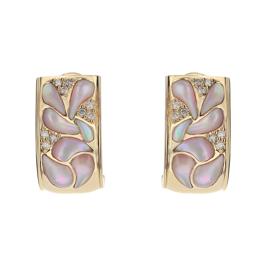Diamond and Mother of Pearl Asher Omega Back Earrings in 14K Yellow Gold