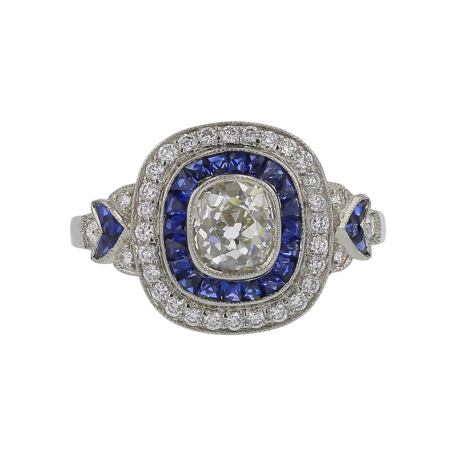 1.03ct Cushion Diamond 1.86ct Sapphires and 0.26ct Diamonds Ring in Platinum, Size 6.75