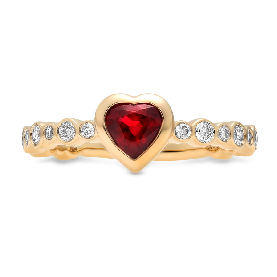 Bubbly Dilara Ruby and Diamond Heart Ring in 18K Yellow Gold, Size 7