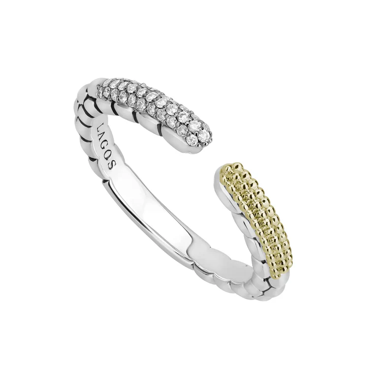 Caviar Lux Open Stack Ring in Sterling Silver and 18K Yellow Gold, Size 7