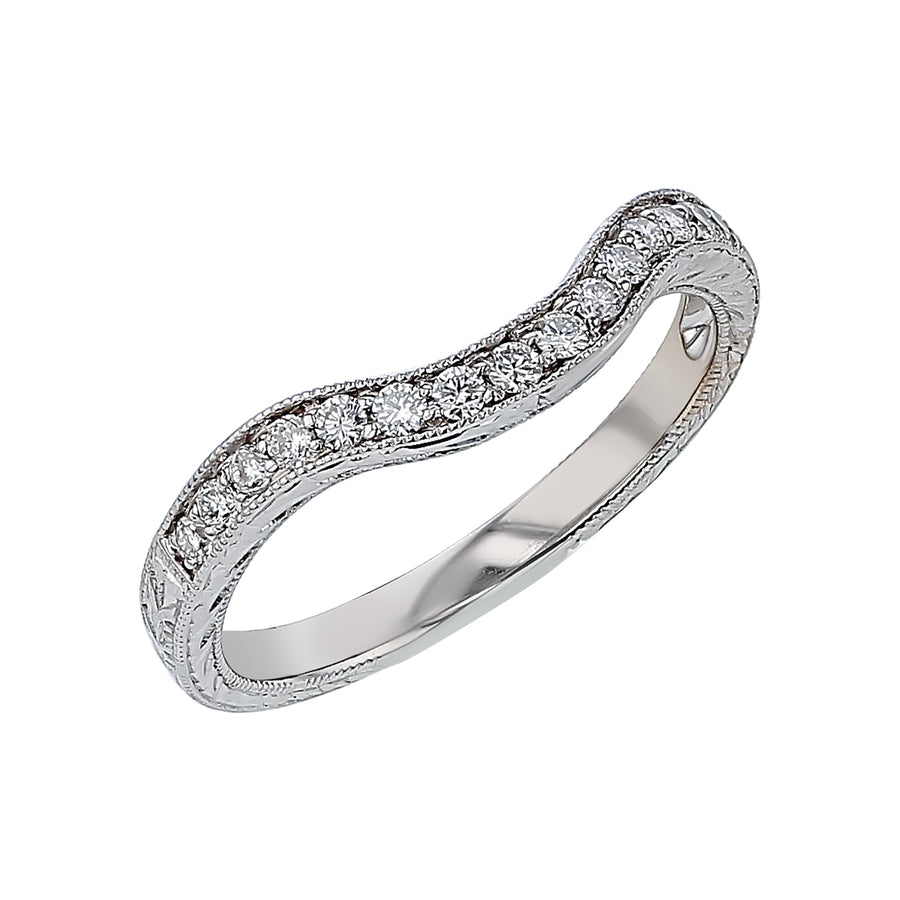 0.15ct Diamond Curved Milgrain Wedding Band in 14K White Gold, size 6.5