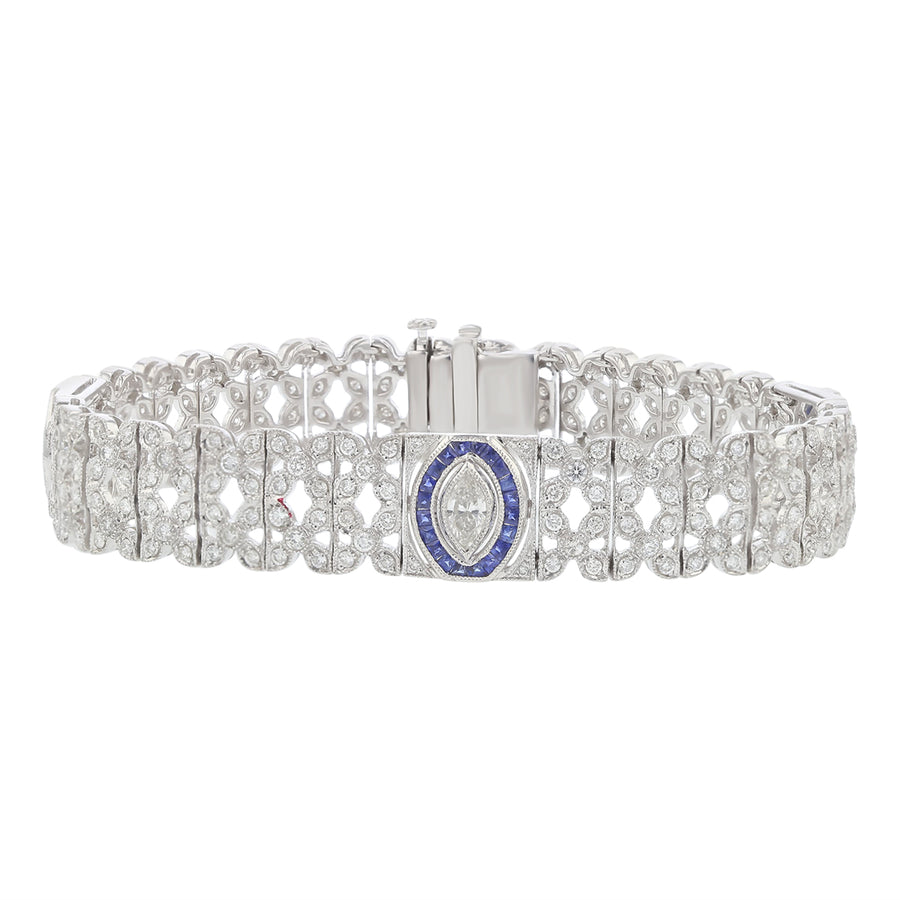 PLAT 3 MARQ DIAS=1.05CTS, 270 FC DIAMONDS=3.97CTS, AND 60 FRENCH CUT BLUE SAPPHIRES=1.69CTS 7.25" BRACELET