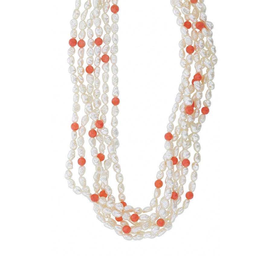 Fresh Water Pearl and Coral Bead 6 Strand Necklace with 14K Yellow Gold, 18"