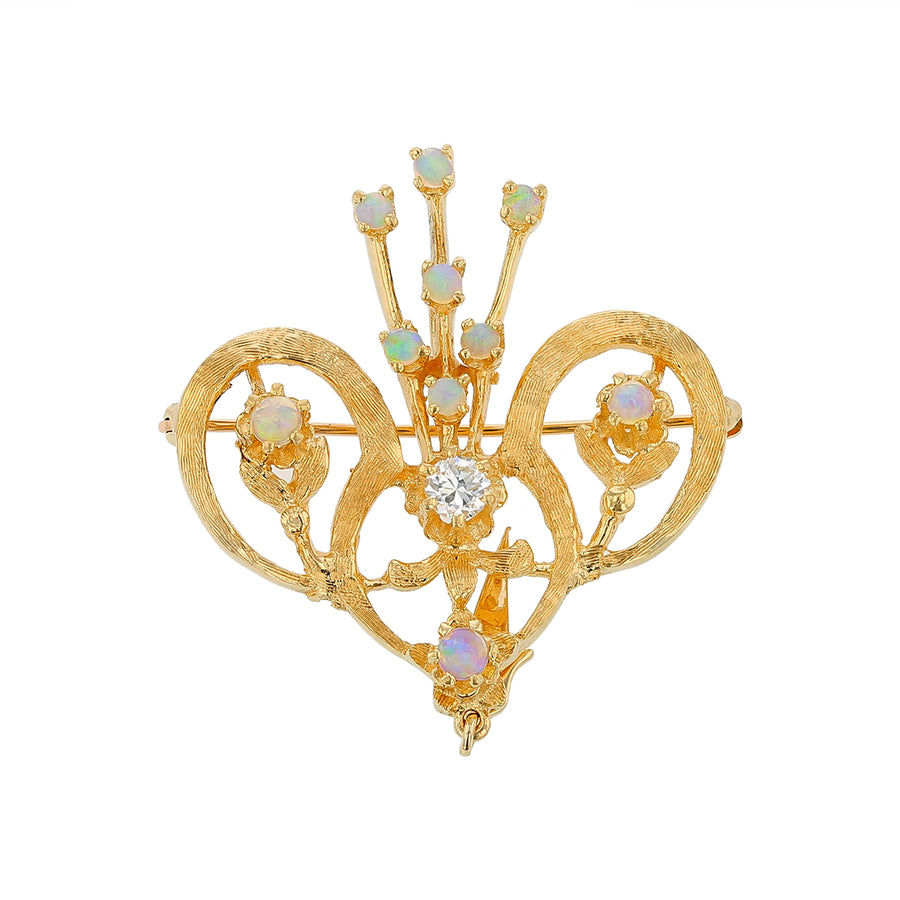 Vintage 0.26ct Diamond and Opal Brooch Pin or Pendant in 14K Yellow Gold, without chain