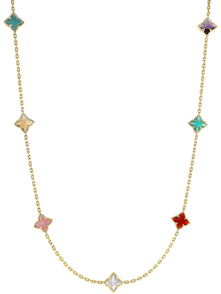 Venetian Princess Carnival Mixed Stone 7 Station Flower Necklace in 18K Yellow Gold, Adj 16-18in