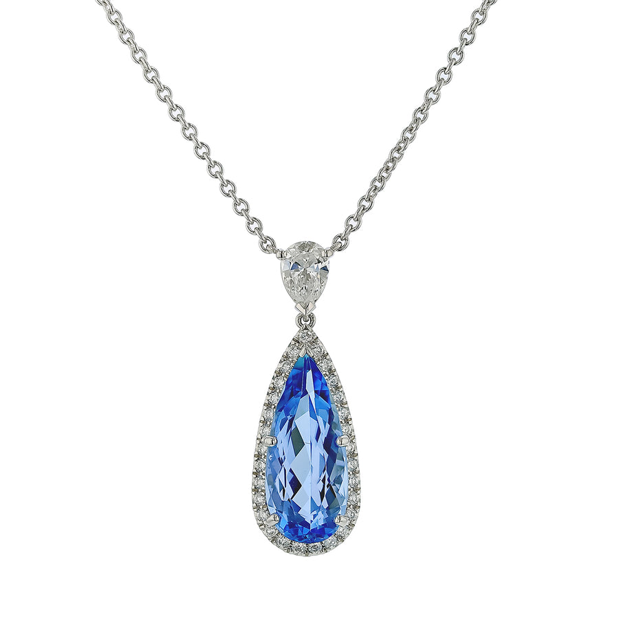 3.52ct Pear Shape Aquamarine and 0.60ct Diamond Halo Necklace in Platinum, 16"