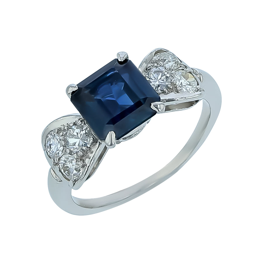 1.75ct Emerald Cut Sapphire and 0.56ct Diamond Ring in Platinum, size 5.75