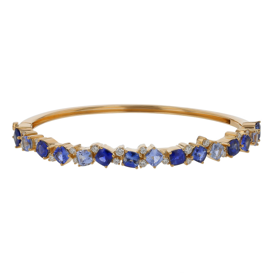 Confetti Cushion Cut Blue Sapphire and Diamond Ombre Cluster Bangle in 18K Yellow Gold