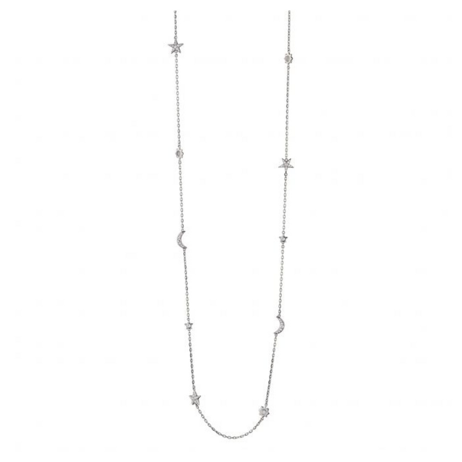 Sun Moon and Stars 1.29ct White Sapphire and 1.44ct Moonstone Necklace in Sterling Silver 40"