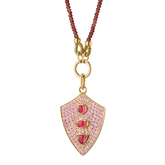 31.84ct Garnet, 1.44ct Pink Sapphire and 1.02ct Rhodolite "Fearless" Shield Necklace in 18K Yellow Gold, 18" chain