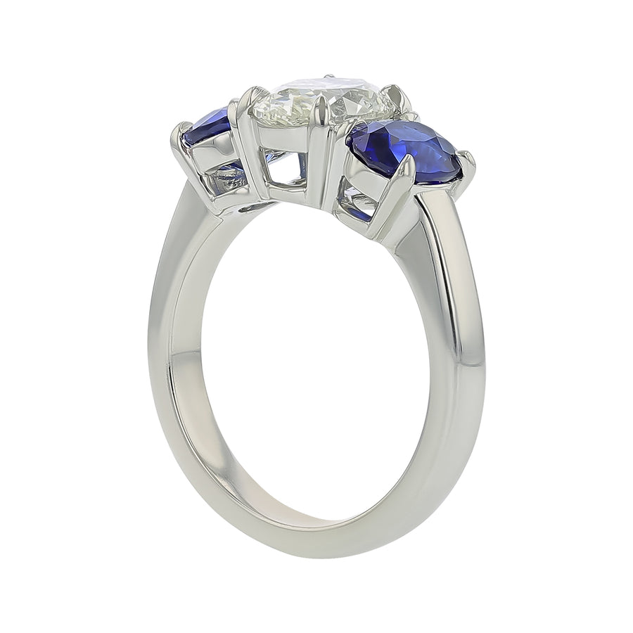 1.52ct Premier Oval Brilliant Diamond and 2.27ct Sri Lankan Oval Sapphire 3 Stone Ring in Platinum, Size 6.5