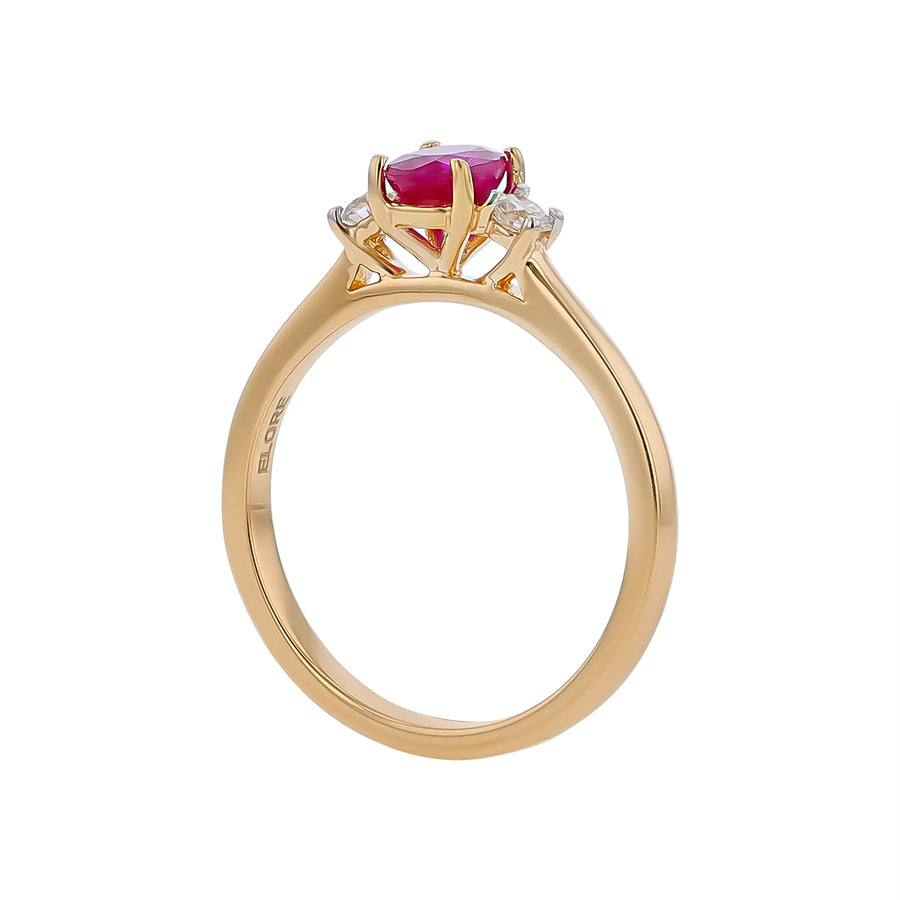 0.75ct Oval Burma Ruby and 0.15ct Diamond 3 Stone Ring in 18K Yellow Gold Size 6.5
