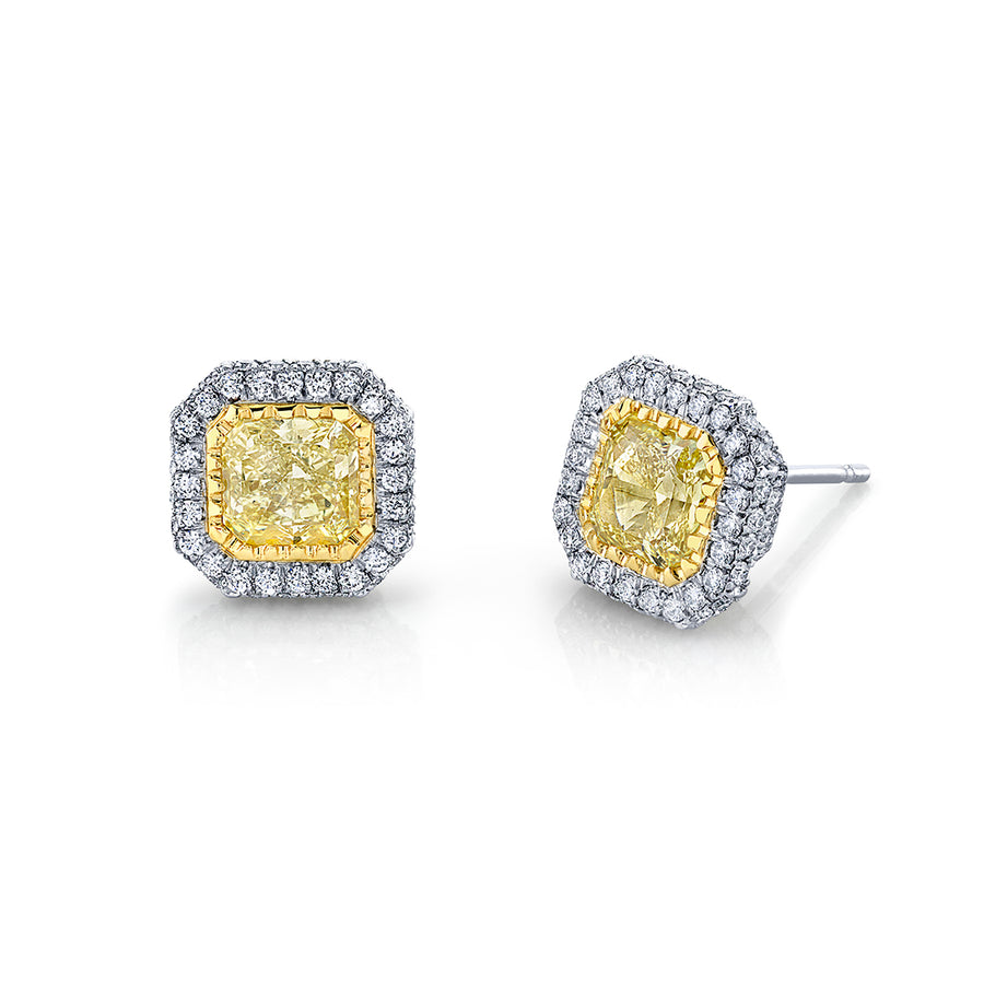 Luminesce 2.81ct Radiant Fancy Yellow Diamond and 0.81ct Diamond and 0.33ct Fancy Yellow Diamond Halo Stud Earrings in Platinum and 18K Yellow Gold