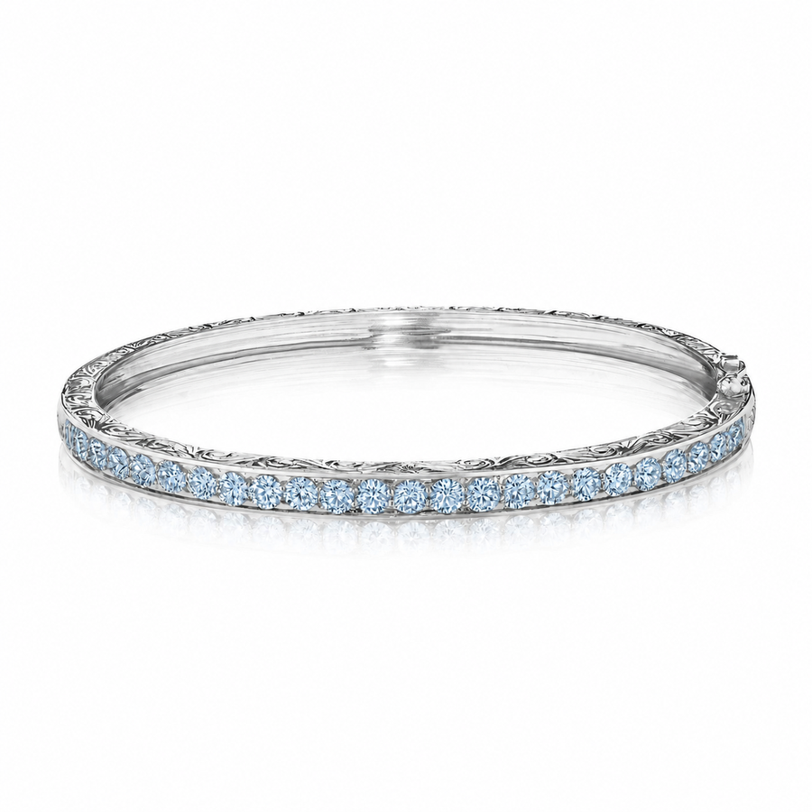 Classic 2.26ct Aquamarine Engraved Bangle Bracelet in 18K White Gold