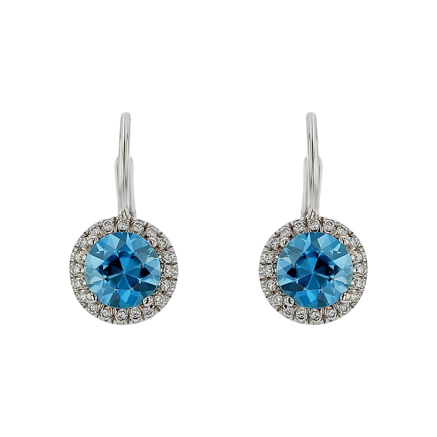 2.46ct Blue Zircon and 0.19ct Diamond Halo Drop Earrings in 18K White Gold