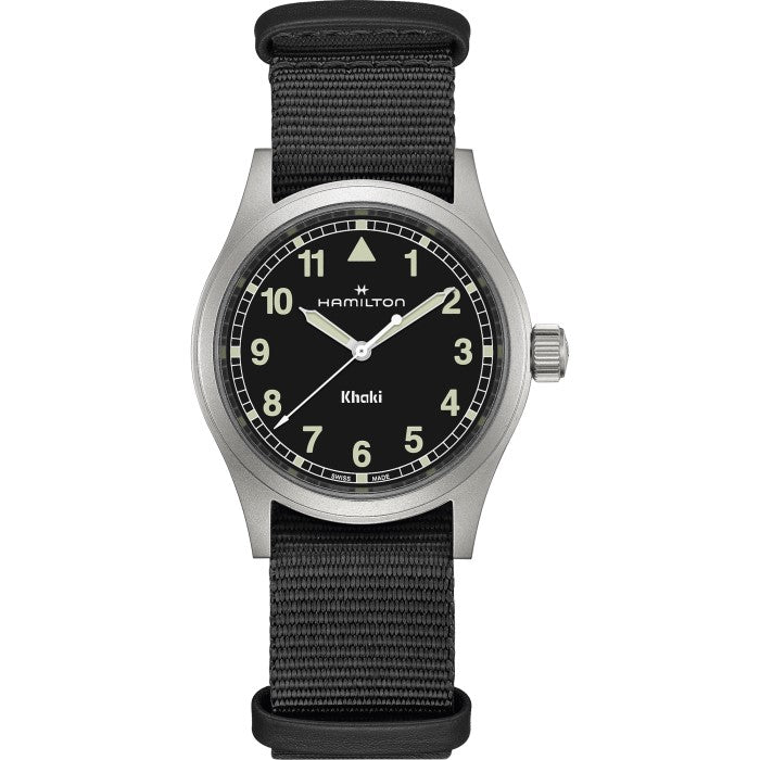 38mm Khaki Field Quartz Black Dial Watch in Stainless Steel with Black Nato Strap
