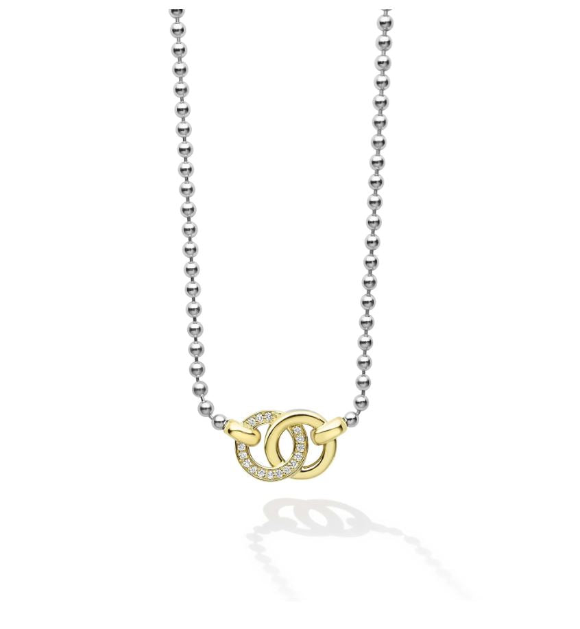 Signature Caviar 0.11Ct Diamond Interlocking Circle Pendant on Ball Chain Necklace in 18K Yellow Gold and Sterling Silver,16-18in