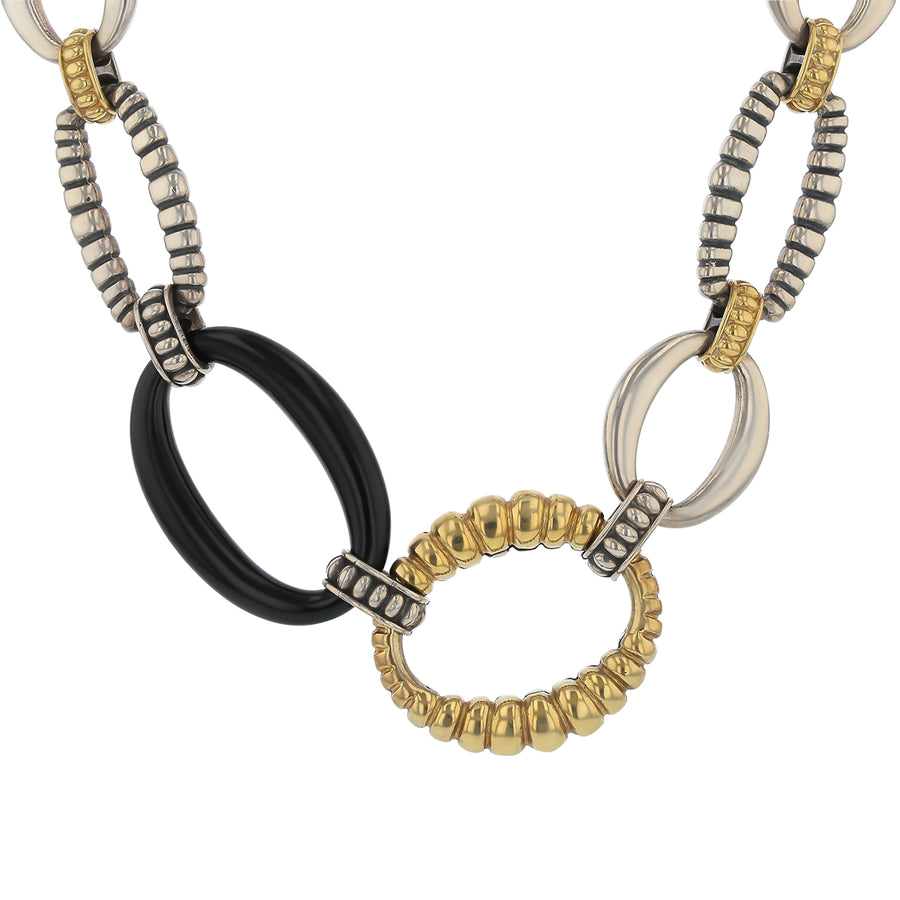 Lagos Caviar Black Onyx Link Necklace in Sterling Silver and 18k Yellow Gold, 20in