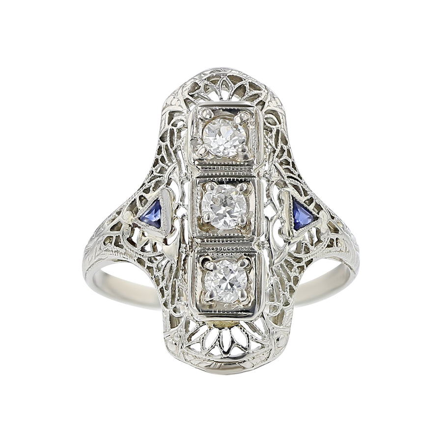 18W 3 OEC DIAMONDS=0.38CT 2 TRIANGLE SAPPHIRES=0.06CT ART DECO RING SIZE 7.5 CIRCA 1930