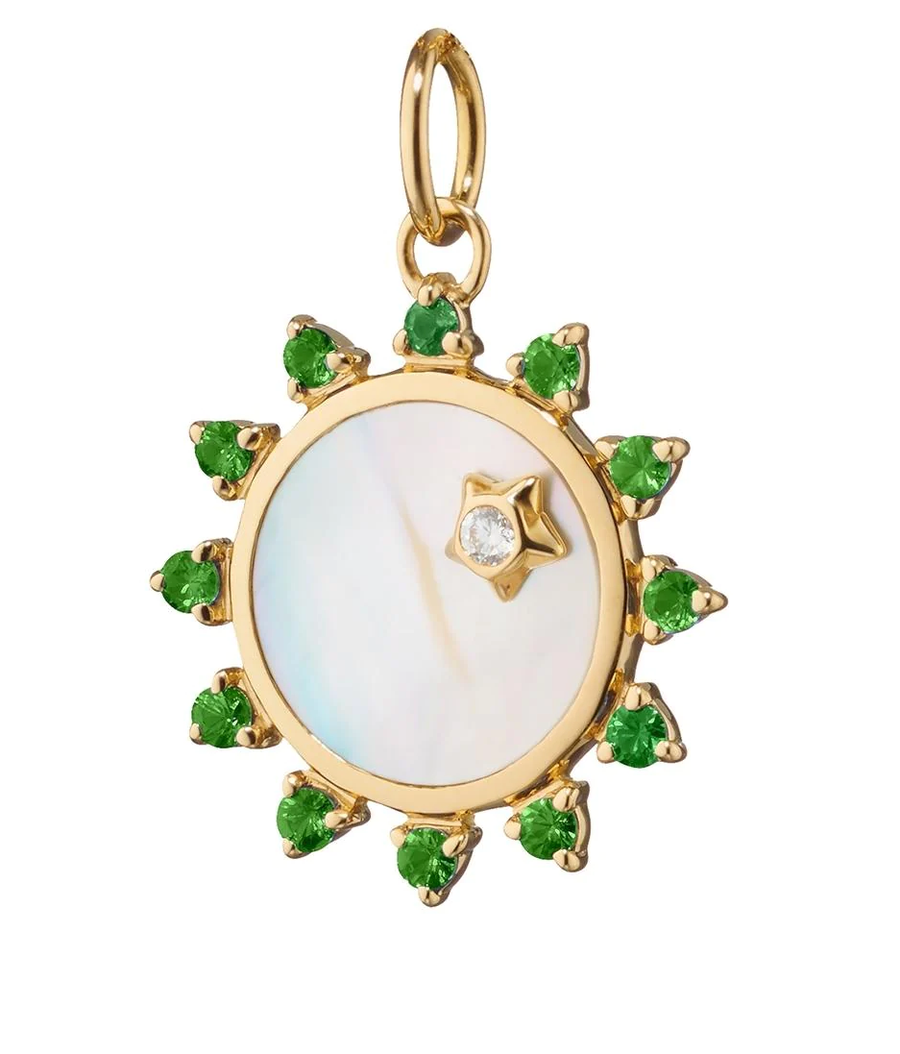 Mother of Pearl, Emerald and Diamond Sun Pendant in 18K Yellow Gold