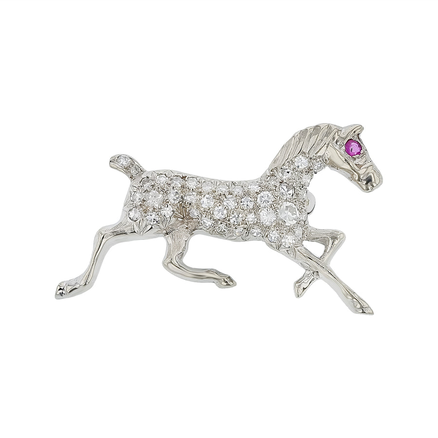 0.45ct Single Cut Diamond and Ruby Horse Pin in 14K White Gold