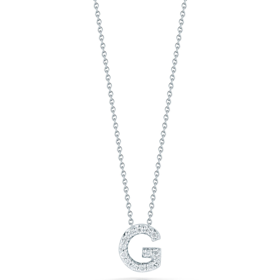 Tiny Treasures 0.06ct Diamond Love Letter "G" Pendant in 18K White Gold, 16-18in
