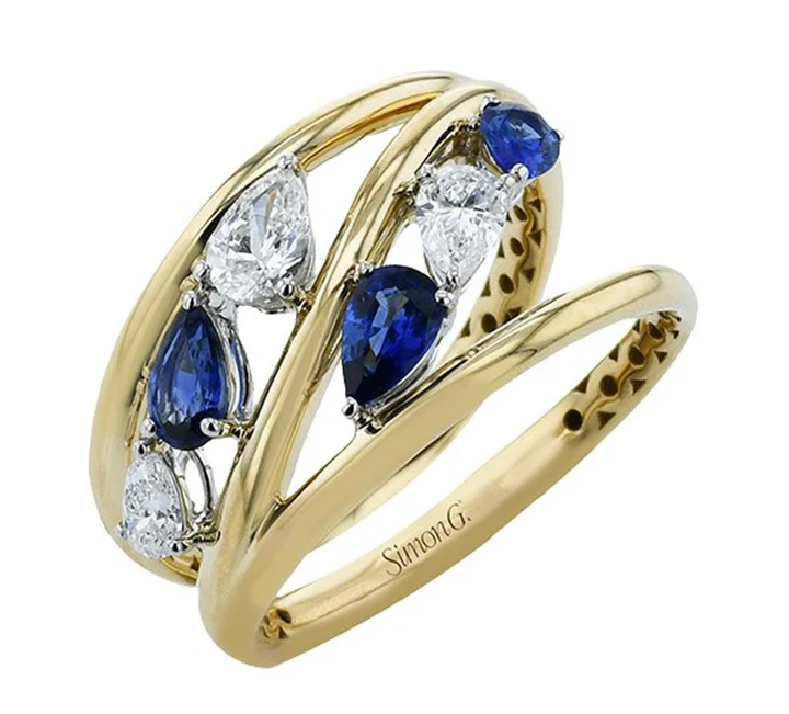 0.68ct Pear Shape Sapphire and 0.49ct Pear Shape Diamond Wrap Ring in 18K Yellow Gold, size 6.5