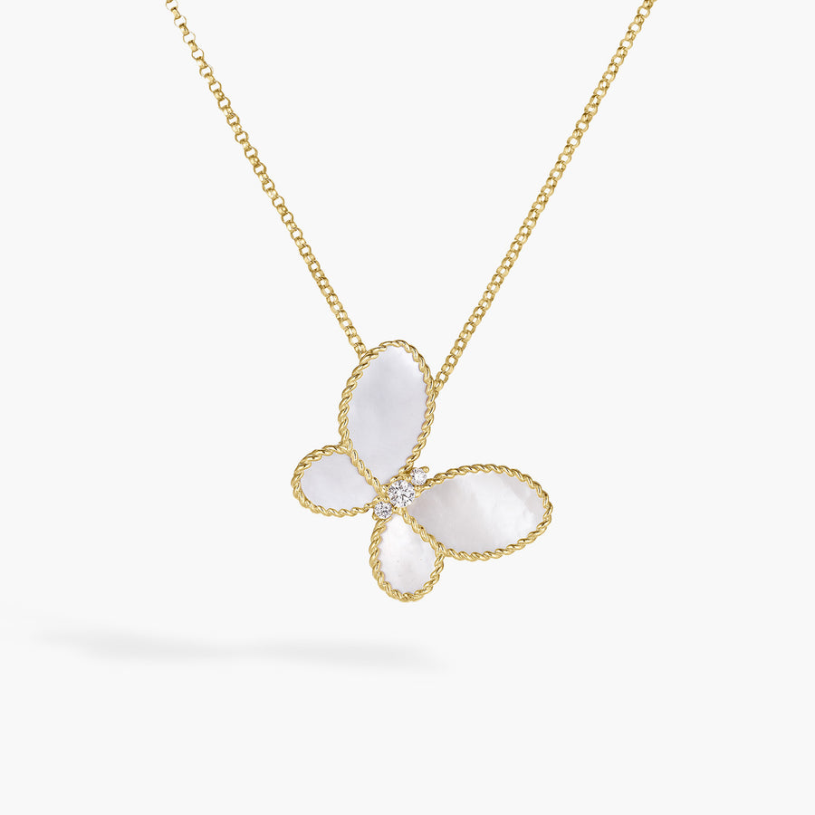 0.07Ct Diamond and Mother of Pearl Butterfly Pendant on Chain in 18k Yellow Gold, 18in
