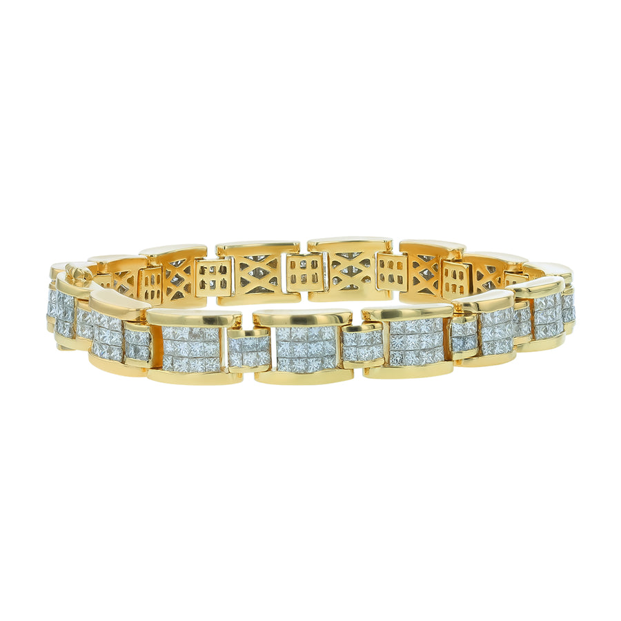 12.60ct Princess Cut Diamond Invisible Set 3 Row Link Bracelet in 18K Yellow Gold, 7.75"