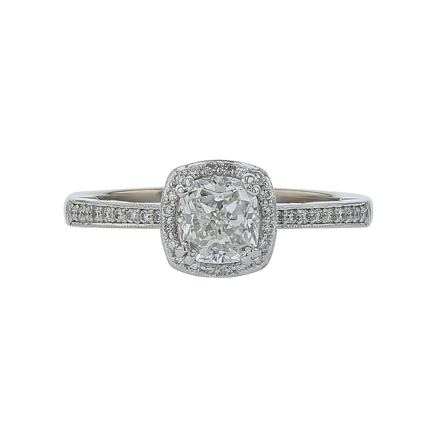 1.01ct Cushion Diamond and 0.25ct Diamond Halo Ring in 14K White Gold, size 6