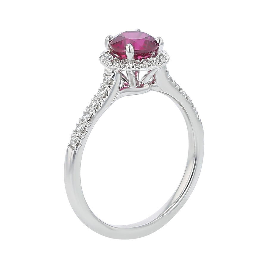 1.25ct 6mm Mozambique Round Ruby 0.20ct Diamond Halo Ring in 18K White Gold, Size 6.5