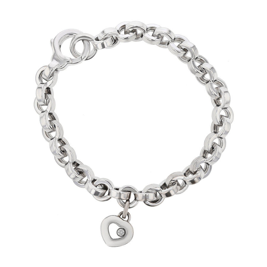 Chopard 0.05ct Diamond Oval Link Heart Charm Bracelet in 18K White Gold, 7"