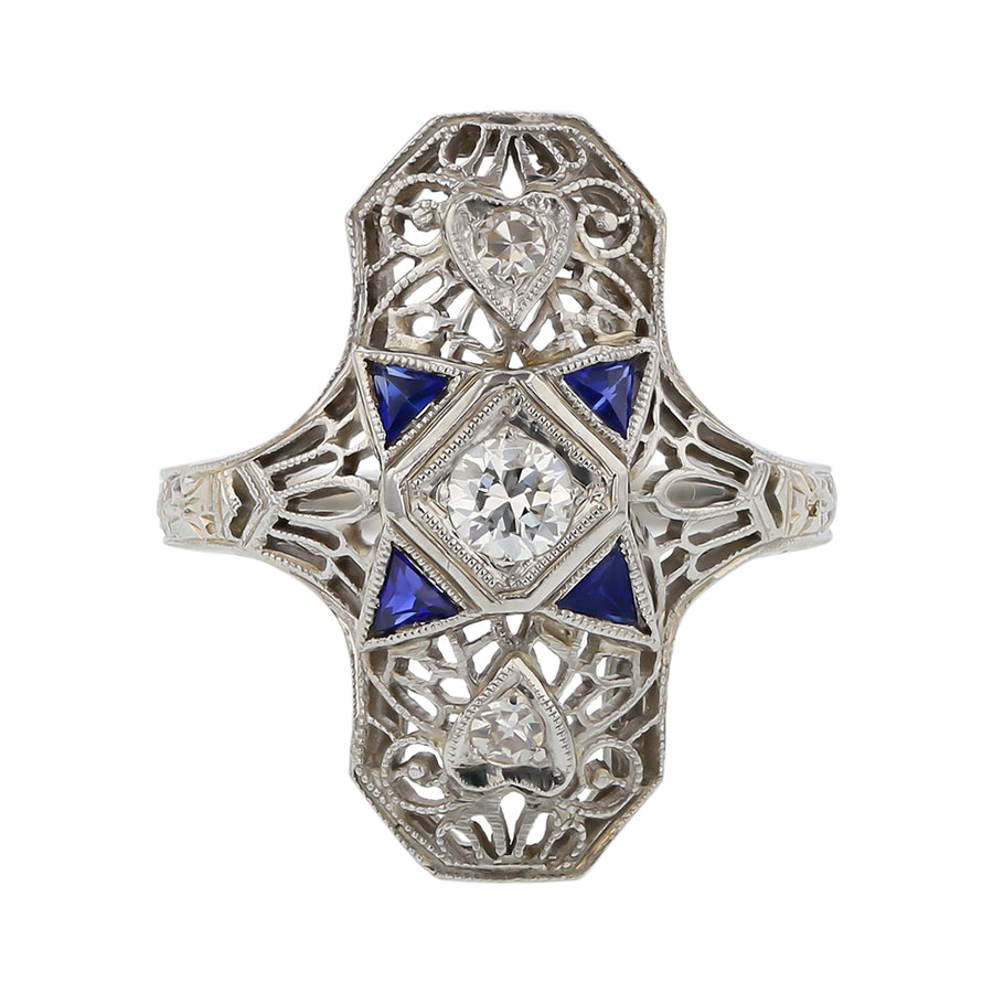 0.18ct Full Cut and Single Cut Diamond and Sapphire Shield Ring in 18K White Gold, size 6.5
