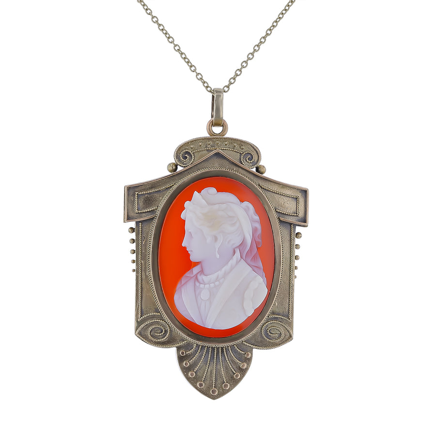 Victorian Carved Agate Pendant in 14K Yellow Gold, 16" chain circa 1860s