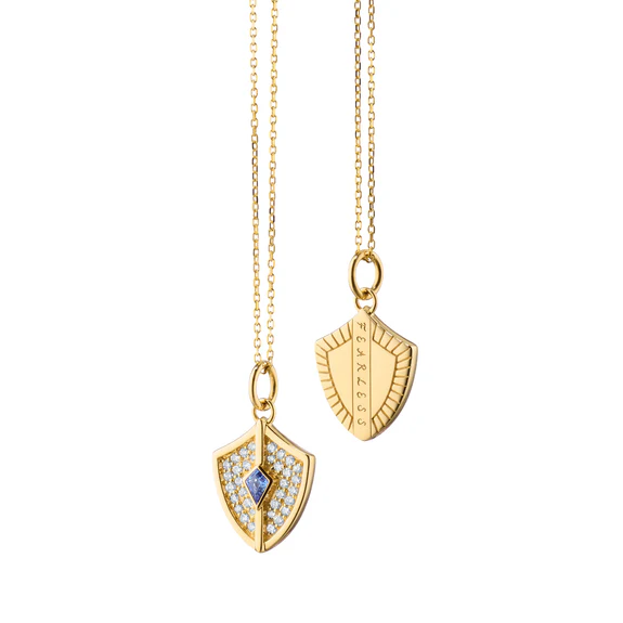 Fearless 0.24ct Diamond and 0.13ct Blue Sapphire Pave Shield Pendant in 18K Yellow Gold, 17" chain